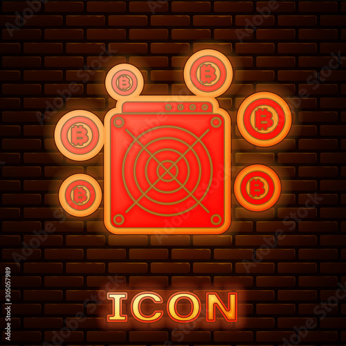 Glowing neon ASIC Miner icon isolated on brick wall background. Cryptocurrency mining equipment and hardware. Application specific integrated circuit. Vector Illustration