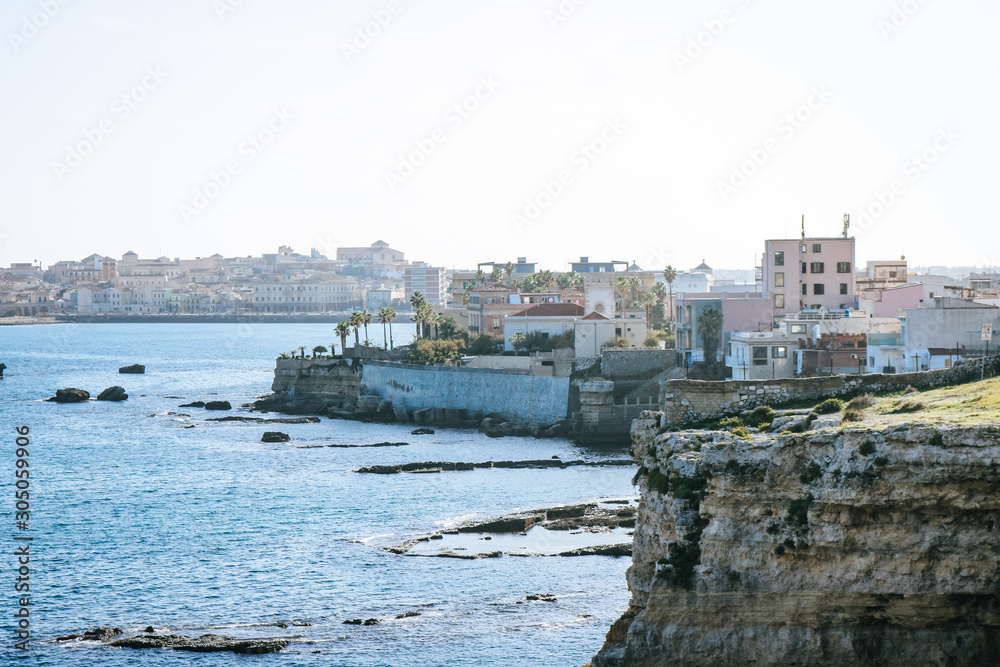 View of the coastline in Syracuse on Sicily island, Italy
