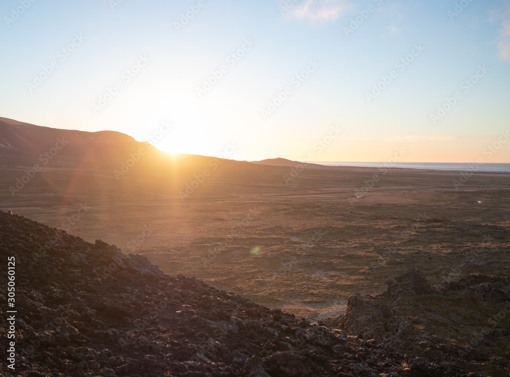 view from old vulcano in iceland looking over lava fields