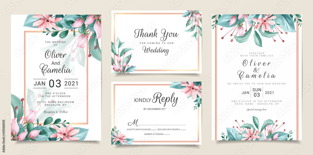Vintage wedding invitation card template set with watercolor floral and gold border decoration. Roses and leaves botanic illustration for background, save the date, invitation, greeting card, poster