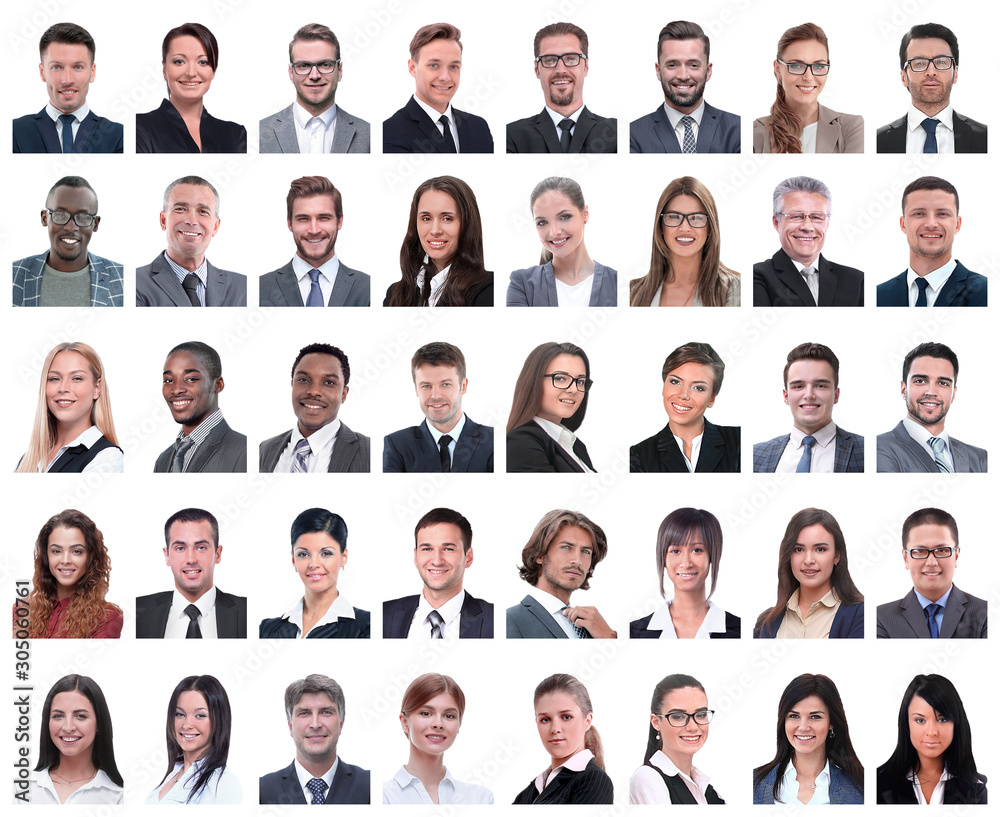 collage of portraits of successful employees isolated on white collage of portraits of successful employees isolated on white