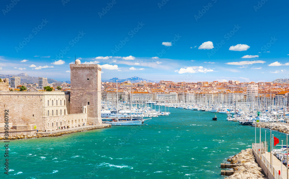 Saint Jean Castle and Cathedral de la Major and the Vieux port in Marseille, France