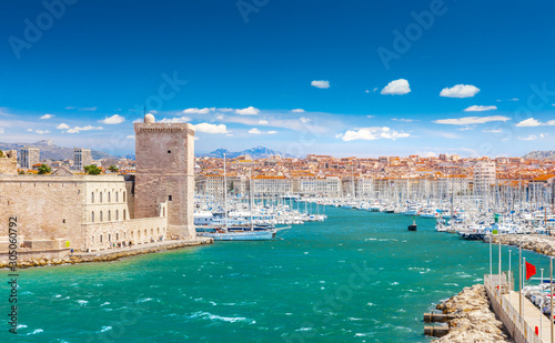 Saint Jean Castle and Cathedral de la Major and the Vieux port in Marseille, France