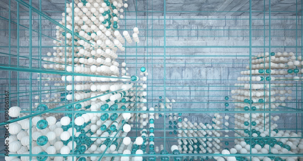 Obraz premium Abstract architectural wood and glass interior from an array of spheres with large windows. 3D illustration and rendering.