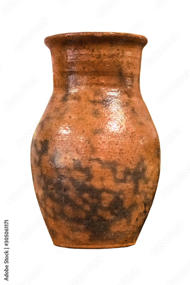 Old jug of red clay on a white background. Isolated object