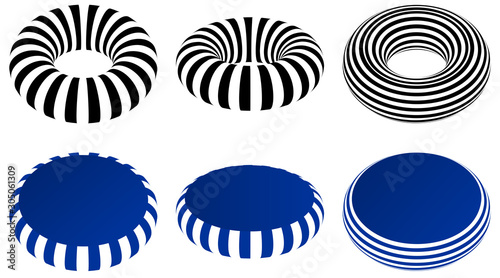 Set of optical art illusion elements in style of striped geometric black and white abstract line surface. Opt illusion style design.