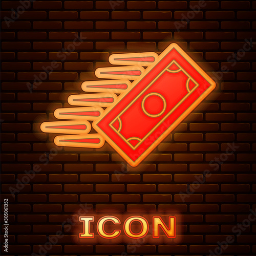 Glowing neon Fast payments icon isolated on brick wall background. Fast money transfer payment. Financial services, fast loan, time is money, cash back concept. Vector Illustration