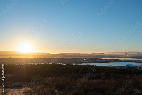 Sunset view of Reykjavik from the roof of the Perlan