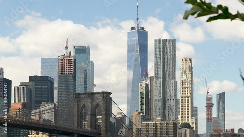 Closeup of Lower Manhattan Landmarks: Iconic Skyscrapers and Brooklyn Bridge photo