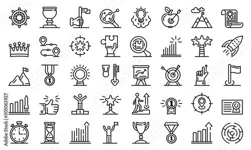 Goal achievement icons set. Outline set of goal achievement vector icons for web design isolated on white background