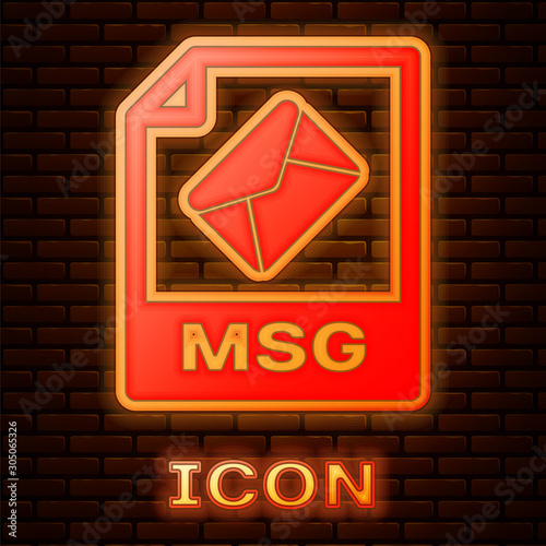 Glowing neon MSG file document. Download msg button icon isolated on brick wall background. MSG file symbol. Vector Illustration
