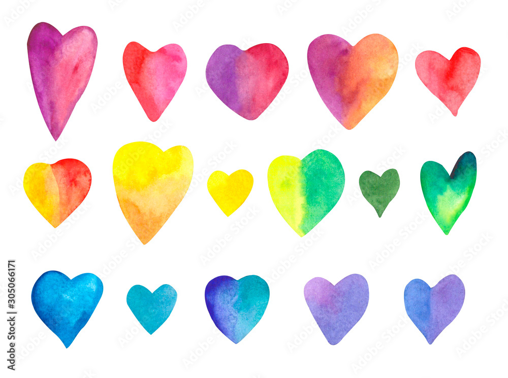 Set of colorful hearts - watercolor, gradient, hand drawn. Symbol of love. Hearts isolated on white background