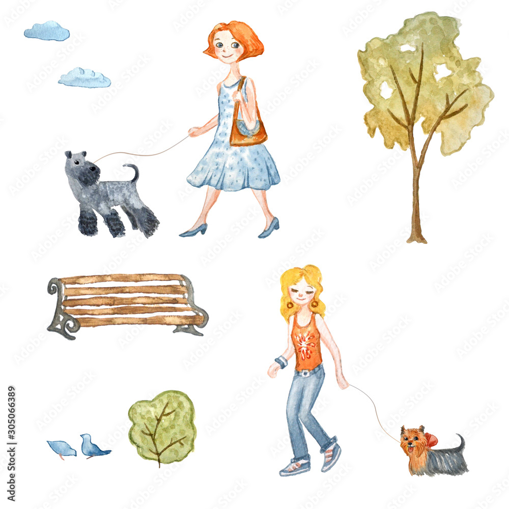 Set of watercolor illustrations in cartoon style. A woman walking a dog. Set of watercolor illustrations in cartoon style. A woman walking a dog.