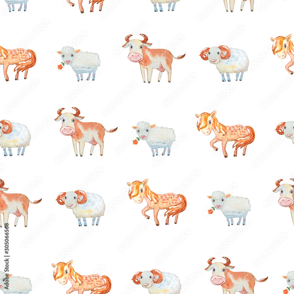 Obraz premium Seamless pattern with cute domestic animals - horse, cow, sheep, ram.