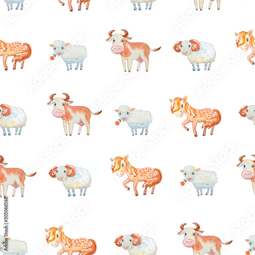 Seamless pattern with cute domestic animals - horse, cow, sheep, ram.