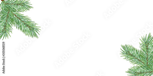 Christmas tree branch. Frame for New Year greeting cards and web sites. Vector illustration.