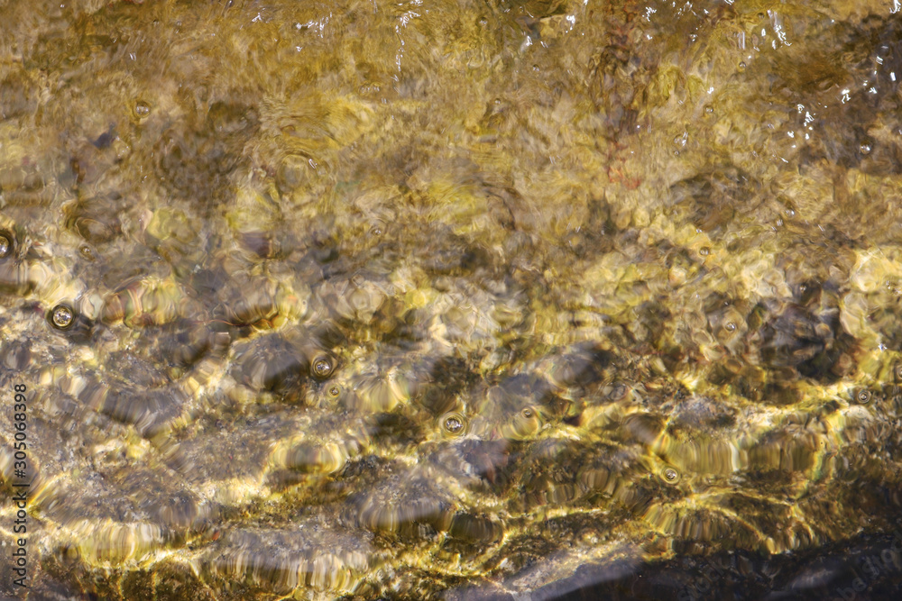 golden and yellow light reflections in the water of a fountain - background texture with irregular shapes