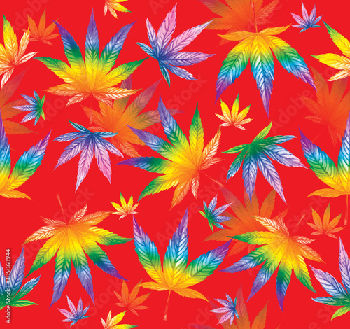 Cannabis leaves the colors of the rainbow. Seamless pattern on a red background. Watercolor illustration.