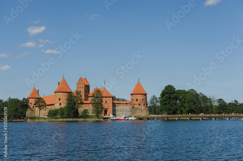 Old Trakai castle in sunny day. Trakai, Lithuania, Galve lake.