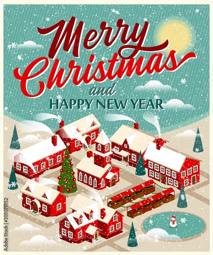 Cartoon Christmas Town With Church. Snowy Street. Christmas Card Happy Holidays Banner.