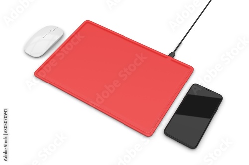 Blank Wireless Charging Mouse Pad with computer mouse for branding or design presentation. 3d render illustration.