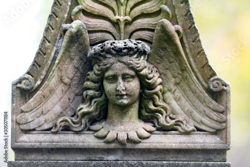 A moss covered, weathered sandstone relief of an angel head with wings on a cemetery in Potsdam-Germany. © Frank Middendorf