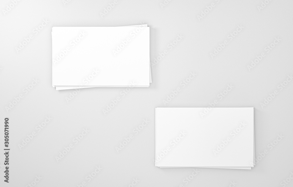 Two empty white business cards stack. Mockup for branding identity. Blank name card or poster on white background, studio shot. great for text & logo for design creative concept. 3D illustration
