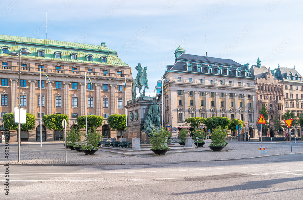 Stockholm, Sweden. View of Gustav Adolf torg with statue of King Gustav II Adolf by swedish sculptor Pierre Hubert L'Archeveque (1721–1778).