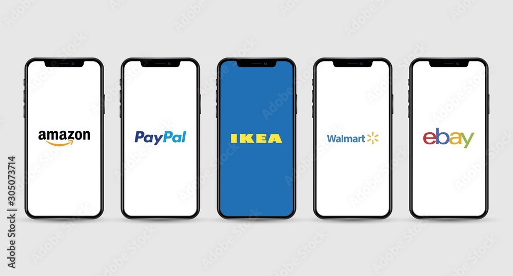 Apple Iphone with different mobile online shopping application logos: Amazon,  PayPal, Ikea, Walmart, ebay Stock ベクター | Adobe Stock