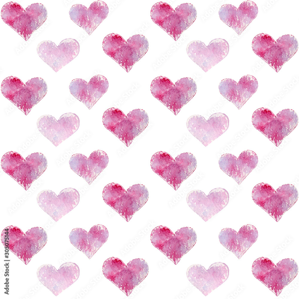 Cute watercolor hearts on a white background. Valentine's day seamless pattern. Romantic texture for wallpaper, wrapping paper, and textile design