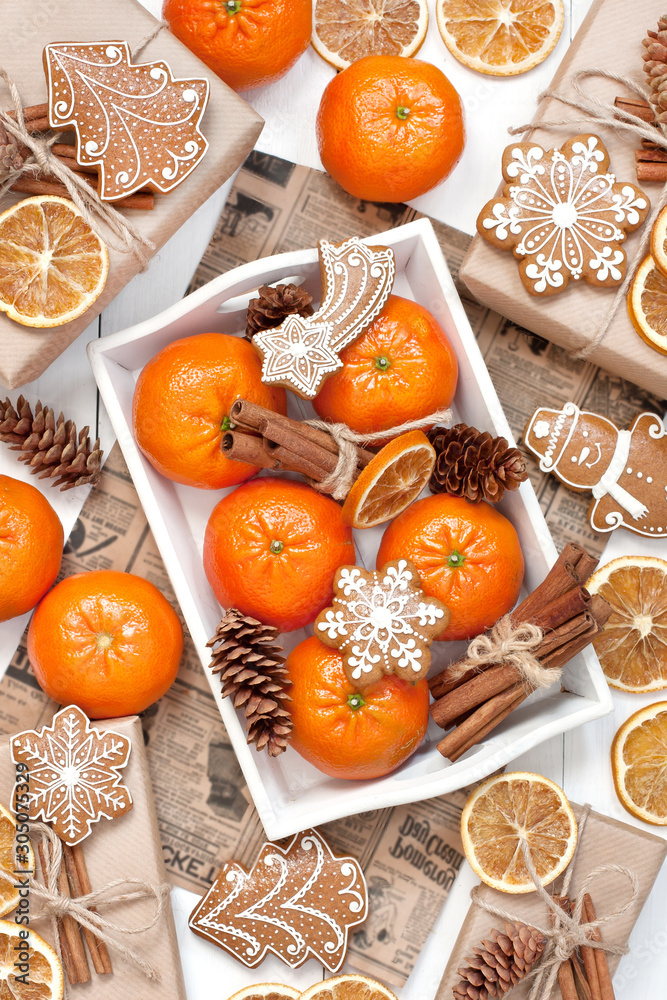 Christmas still life with mandarins