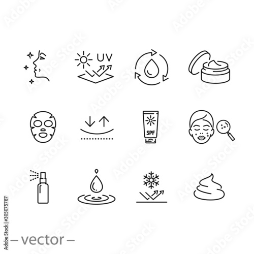 care skin icon set, sunscreen safeing for uv and cold, cleansing and moisturizing, face mask, elasticity skin covering, thin line symbol - editable stroke vector illustration eps10