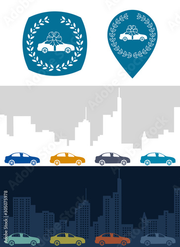 Vector car elements  poster with the silhouette of the city and vehicles  city road background  new automobile logotype.