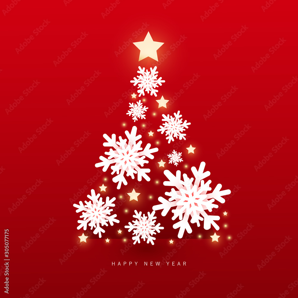 Naklejka premium Christmas and happy new year vector background with crystal snowflakes Christmas tree with shiny lights on a red background for poster, greeting card, header, website