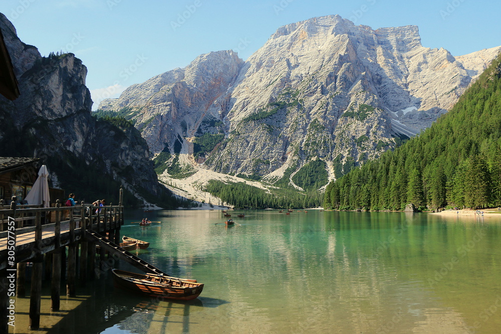Amazing view of the lago di Braies (Braies Lake) during summer time, Dolomites mountains, South Tyrol, Italy.