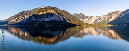 Beautiful reflection of the mountains around Lake Hallstatt