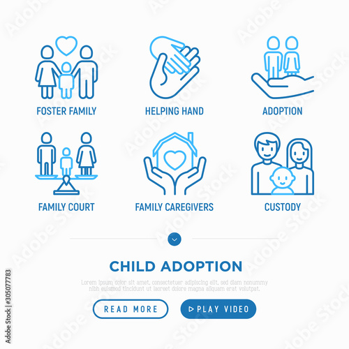 Child adoption thin line icons set: adoptive parents, helping hand, orphan, home care, custody, caregivers, happy kid. Modern vector illustration.