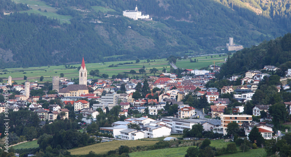 panoramic view of mountain village Mals and monastery 