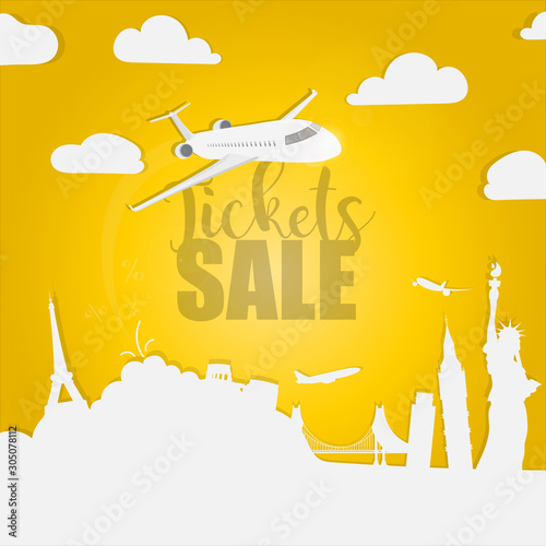 Tickets sale banner. Background for travel. Paper art style. World attractions, airplane, discounts on air tickets. Yellow background. Vector
