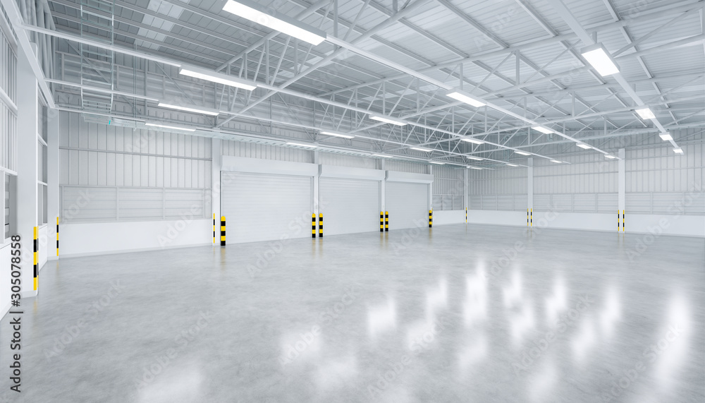 Roller door or roller shutter inside factory, warehouse or industrial  building. Modern interior design with polished concrete floor and empty  space for product display, industry background. 3d render. Stock  Illustration | Adobe