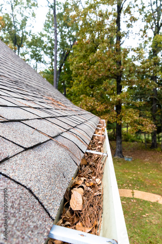 Gutter on home full of leaves and pinestraw photo