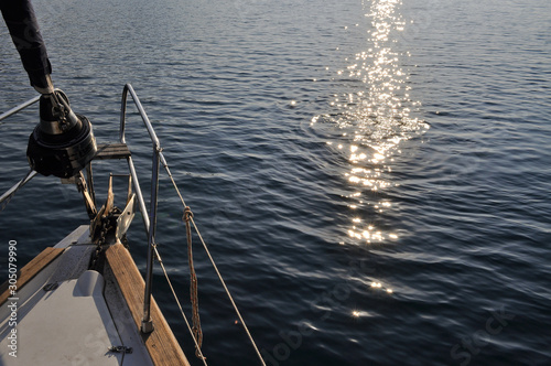 View of ocean and boats form sailboat in Gocek Bay, Turkey.