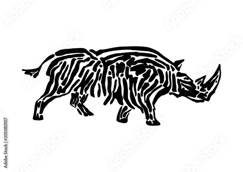 Rhinoceros animal decorative vector illustration painted by ink, hand drawn grunge cave painting, black isolated running silhouette on white background