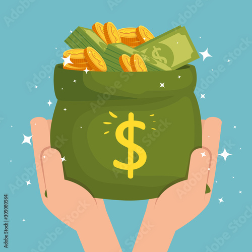 hands with money bag cash isolated icon vector illustration design