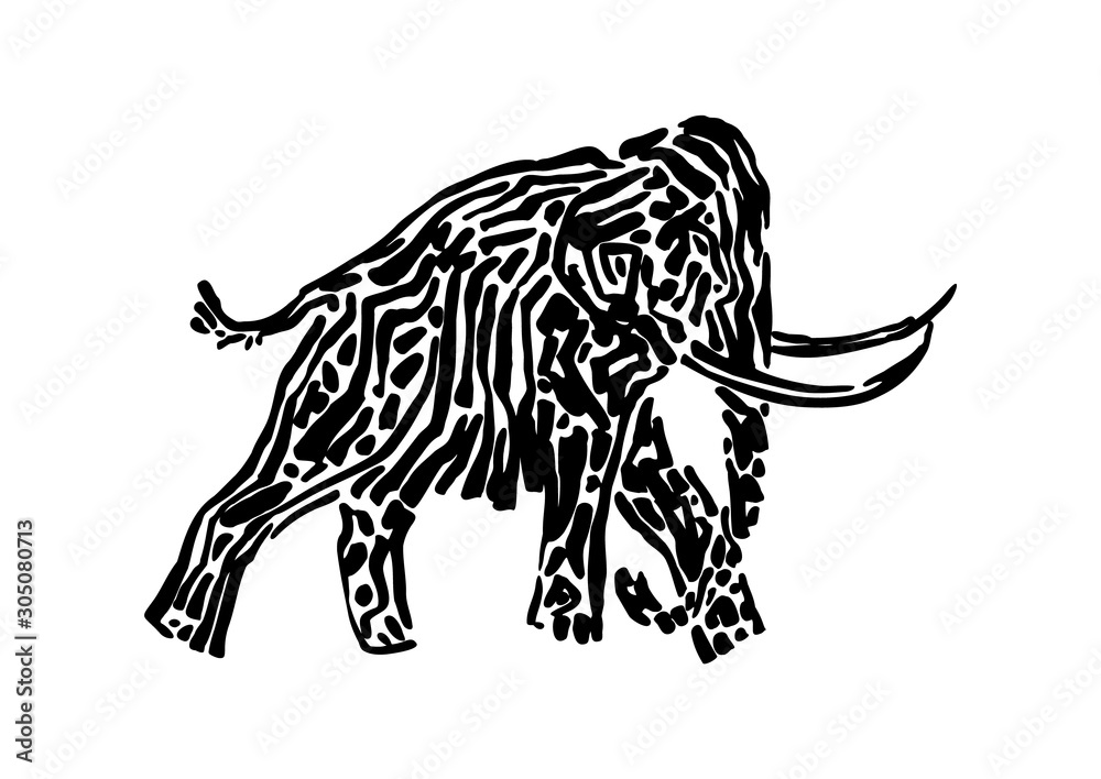 Mammoth animal decorative vector illustration painted by ink, hand drawn grunge cave painting, black isolated walking elephant silhouette on white background