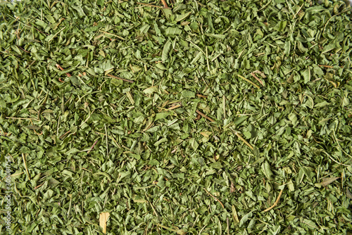 Background texture of dry herbal tea of Lemon Verbena (Lippia Citriodora) isolated on white background. photo