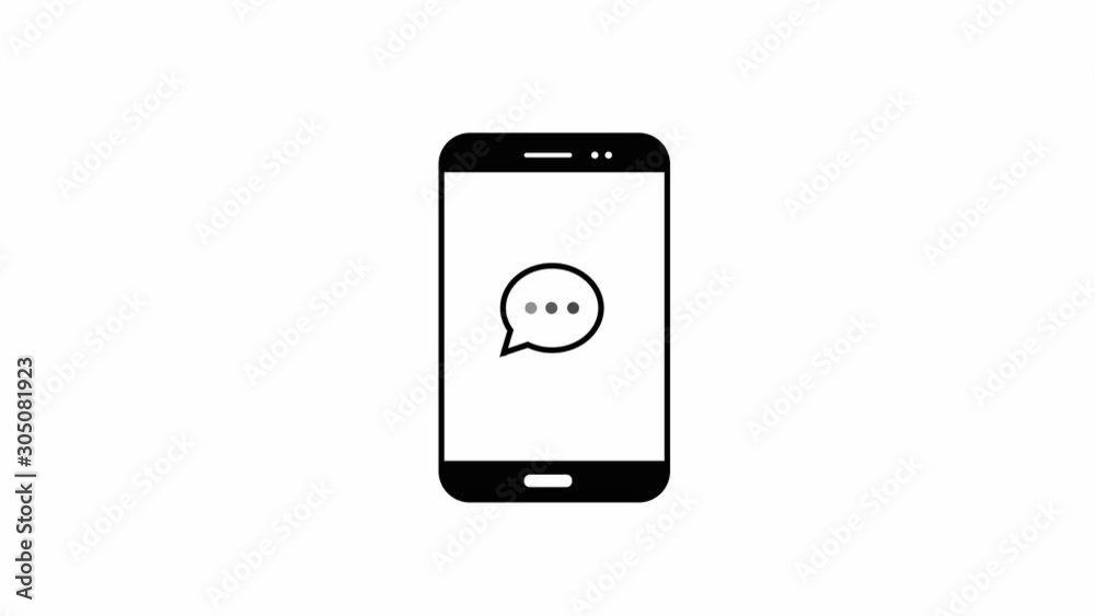4K Animation of smartphone shape in black on white background with element of a thought bubble, email, or text message popping up, with typing dots slowly pulsing inside of it. 4K Animation of smartphone shape in black on white background with element of a thought bubble, email, or text message popping up, with typing dots slowly pulsing inside of it.