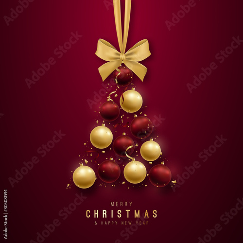 Merry Christmas greeting design for invitations  promo flyers  greeting cards and etc. Christmas tree silhouette consisting of decorative balls on a dark red background.