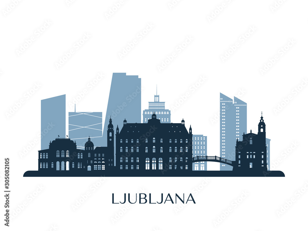 Obraz premium Ljubljana skyline, monochrome silhouette. Vector illustration.