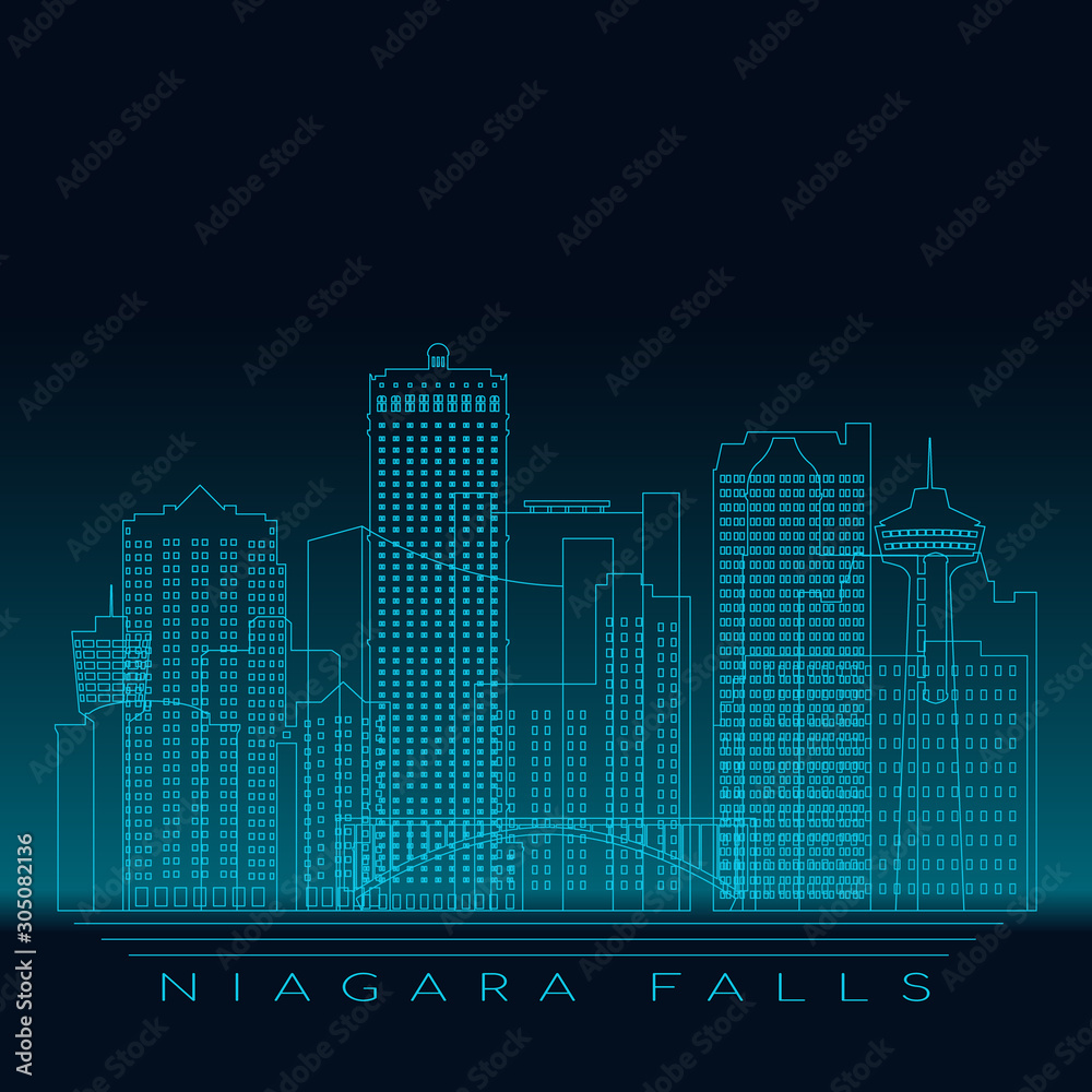 Niagara Falls skyline, detailed silhouette. Modern vector illustration, blue linear style.
